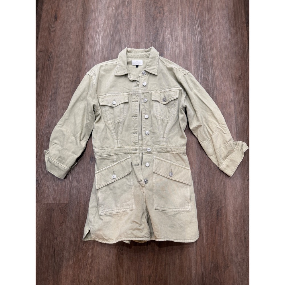 Unique Utility Denim Jumpsuit‎ Dress Khaki Button Front Pockets Size S